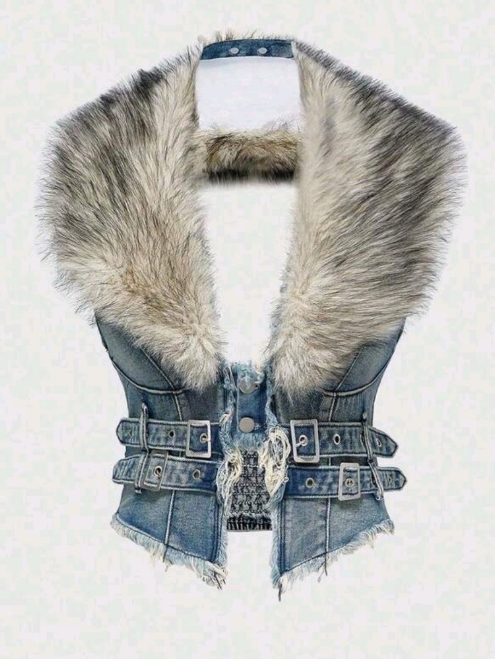 Black Denim Vest with Contrast Faux Fur Trim